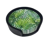 Round Coasters, Tropical Exotic Forest Palm Tree Leaves,Mugs Pad Cups Mat Set of 6 Leather Drinks Coasters with Holder