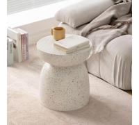 Round Coffee Table 40Cm,Contemporary Small Side Table with Terrazzo Effect Surface,Magnesium Oxide Cream White Finish,Mushroom Shape Design for Living Room Bedroom Apartment A