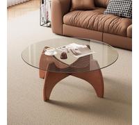 Round Coffee Table 80Cm,Modern Tempered Glass Coffee Table with Sculptural Wooden Curved Base,Contemporary Centre Table for Living Room Sofa, Bedroom,Apartment and Home Office C