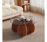 Round Coffee Table 80Cm with Tempered Glass Top,Modern Wooden Centre Table with Unique Petal Curve Base,Italian Style Living Room Furniture for Sofa,Bedroom,Apartment and Office B