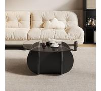 Round Coffee Table 80Cm with Tempered Glass Top,Modern Wooden Centre Table with Unique Petal Curve Base,Italian Style Living Room Furniture for Sofa,Bedroom,Apartment and Office A