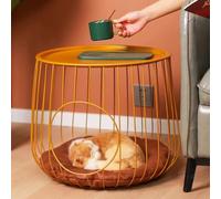 Round Coffee Table Cat House End Table Nightstand Pet Side Table with Cat-Sized Hole Metal Frame for Living Room Bedroom Apartment Storage Pet Cabinet