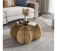 Round Coffee Table, Glass End Table, Solid Wood Base and Clear Tempered Glass Top, Coffee Side Tea Table, Simple & Modern Center Table, for Living Room, Patio