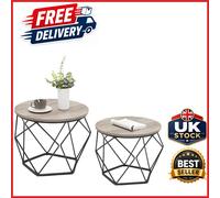 Round Coffee Table Set of 2 Industrial Style Grey-Beige and Black Steel Frame