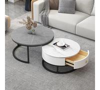 Round Coffee Table Set of 2, Nesting Side End Table Set with Drawer Storage, Sofa Table with Slate Marble Texture Metal Frame Modern Tea Table for Bedroom Living Room Fu(Color:Black Frame+Gray+White)