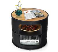 Round Coffee Table Sofa Table w/ 2-Tier Storage Shelves & Metal Frame