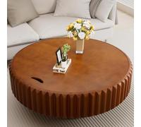 Round Coffee Table with Storage, Fluted Drum Design, Solid Wood Veneered, Modern Accent Center Table for Living Room, Apartment, Home, Office