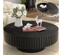 Round Coffee Table with Storage, Modern Handcraft Fluted Drum Wood Center Table with Sturdy Pedestal for Living Room Apartment