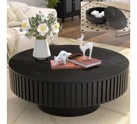 Round Coffee Table with Storage, Modern Wooden Fluted Design, Solid Wood Veneered Circle Center Table for Living Room
