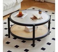 Round Coffee Table With Storage Shelf Rattan 80cm Small Glass Coffee Tables For Living Room Modern Style Farmhouse Wood Coffee Table Living Room Coffee Table Circle Easy Assembly Black+Natural ( Color
