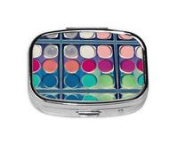 Round Color Palette Square Pill Box with Full Print Design - Portable Metal Travel Case for Vitamins & Medication, 2.2x1.6x0.7 Inch.