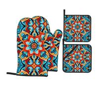Round Colorful PetalsA 4-Piece Kitchen mitt and potholder Set Printed Oven Mitts and Barbecue Party Gloves are Kitchen Essentials