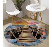 Round Colorful Rug for Living Room and Bedroom, 60 cm Washable Short Pile Carpet with 3D Wooden Rope Bridge Pattern, Soft Circle Carpet, Anti-Slip Room Decor