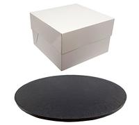 Round Coloured Drum Cake Board and White Transporting Box (10 Inch, Black)