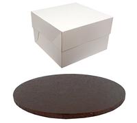 Round Coloured Drum Cake Board and White Transporting Box (10 Inch, Brown)