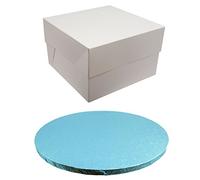 Round Coloured Drum Cake Board and White Transporting Box (10 Inch, Light Blue)