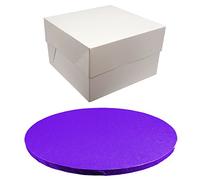 Round Coloured Drum Cake Board and White Transporting Box (10 Inch, Purple)