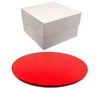 Round Coloured Drum Cake Board and White Transporting Box (10 Inch, Red)
