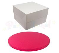 ROUND COLOURED Drum cake BOARD and white transporting BOX (12 Inch, Cerise)