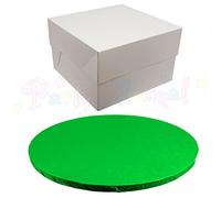 ROUND COLOURED Drum cake BOARD and white transporting BOX (12 Inch, Green)