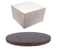 Round Coloured Drum Cake Board and White Transporting Box (8 Inch, Brown)
