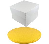 Round Coloured Drum Cake Board and White Transporting Box (8 Inch, Gold)