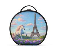 Round Cosmetic Pouch Travel Makeup Train Case Organizer Bag Portable Makeup Brushes Toiletry Jewelry Accessories Paris Tower Unicorn