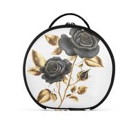 Round Cosmetic Pouch Travel Makeup Train Case Organizer Bag Portable Makeup Brushes Toiletry Jewelry Accessories Black Roses Gold Leaves
