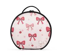 Round Cosmetic Pouch Travel Makeup Train Case Organizer Bag Portable Makeup Brushes Toiletry Jewelry Accessories Bow Cherry Pattern