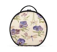 Round Cosmetic Pouch Travel Makeup Train Case Organizer Bag Portable Makeup Brushes Toiletry Jewelry Accessories Pansies Cherry Dragonflies Flower Pattern