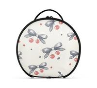 Round Cosmetic Pouch Travel Makeup Train Case Organizer Bag Portable Makeup Brushes Toiletry Jewelry Accessories Bow Cherry Light Yellow Background Pattern