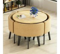 Round Cotton and Linen Dining Set for 4, Versatile Table and Chair for Office and Kitchen, Perfect for Balcony and Dining Room, Elegant and Comfortable T.