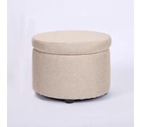 Round Cotton Linen Storage Footstool with Legs, Small Ottoman for Bedroom Living Room, Compact Foot Rest