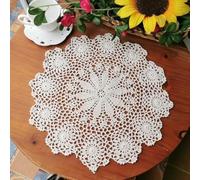 Round Crochet Table Mat with Floral Lace Edge Made from Cotton for Use as Drink Coaster or Table Decoration (Beige)