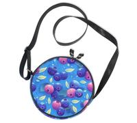 Round Crossbody Bag Canvas Messenger Purse Blueberries & Leaves on Blue