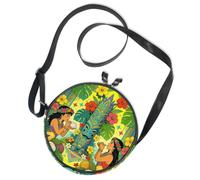 Round Crossbody Bag Canvas Messenger Purse Hawaiian Polynesian Hula with Papaya Coconut