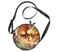 Round Crossbody Bag Canvas Messenger Purse Mystical Winged Dragon in The Clouds