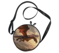 Round Crossbody Bag Canvas Messenger Purse Mystical Winged Dragon in The Clouds