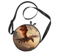 Round Crossbody Bag Canvas Messenger Purse Mystical Winged Dragon in The Clouds