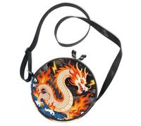 Round Crossbody Bag Canvas Messenger Purse Mythical White Red Fire Chinese Dragon Ocean Lightning Art