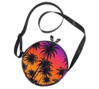 Round Crossbody Bag Canvas Messenger Purse Palm Trees Sunset Tropical Paradise Beach Coconut Palm Tree