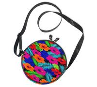 Round Crossbody Bag Canvas Messenger Purse Tropical Vibrant Hibiscus Palm Leaf Seamless Pattern Colorful Hawaiian Flower