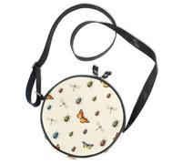 Round Crossbody Bag Canvas Messenger Purse Vibrant Butterfly Beetle Dragonfly Seamless Pattern Colorful Summer Insect Nature