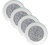 Round Crushed Diamond Glass Coasters, 4 Pieces, 10 cm, Silver Mirror Border