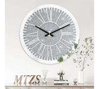 Round Crushed Diamond Wall Clock, 16 x 16 Inch, Modern Silver Glass Mirror, Living Room, Bedroom, Dining Room Decor