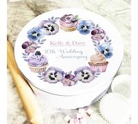 Round Cupcakes & Pansies Flowers 10th Wedding Anniversary Personalised Cake Tin Personalised Gift | Custom Gift | Personalized Tin | Cake, Biscuit & Treat Tins | Gift For Her | Gift For Him