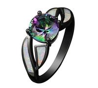 Round Cut Mystic Rainbow Topaz Wedding Ring Fire Opal Black Filled Jewelry by Wat