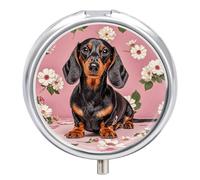 Round Dachshund Florals Pill Organizer Pill Box 3 Compartment Portable Travel Medicine Case Daily Mini Compact Medicine Container Storage Vitamin Supplement Dispenser