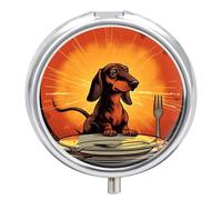 Round Dachshund Looking at Plate Pill Box Small Pill Case with 3 Compartment Portable Metal Medicine Organizer Mini Travel Medicine Vitamin Supplement Container for Pocket Purse