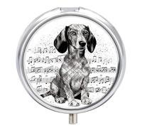 Round Dachshund Music Notes Pill Box Small Pill Case with 3 Compartment Portable Metal Medicine Organizer Mini Travel Medicine Vitamin Supplement Container for Pocket Purse